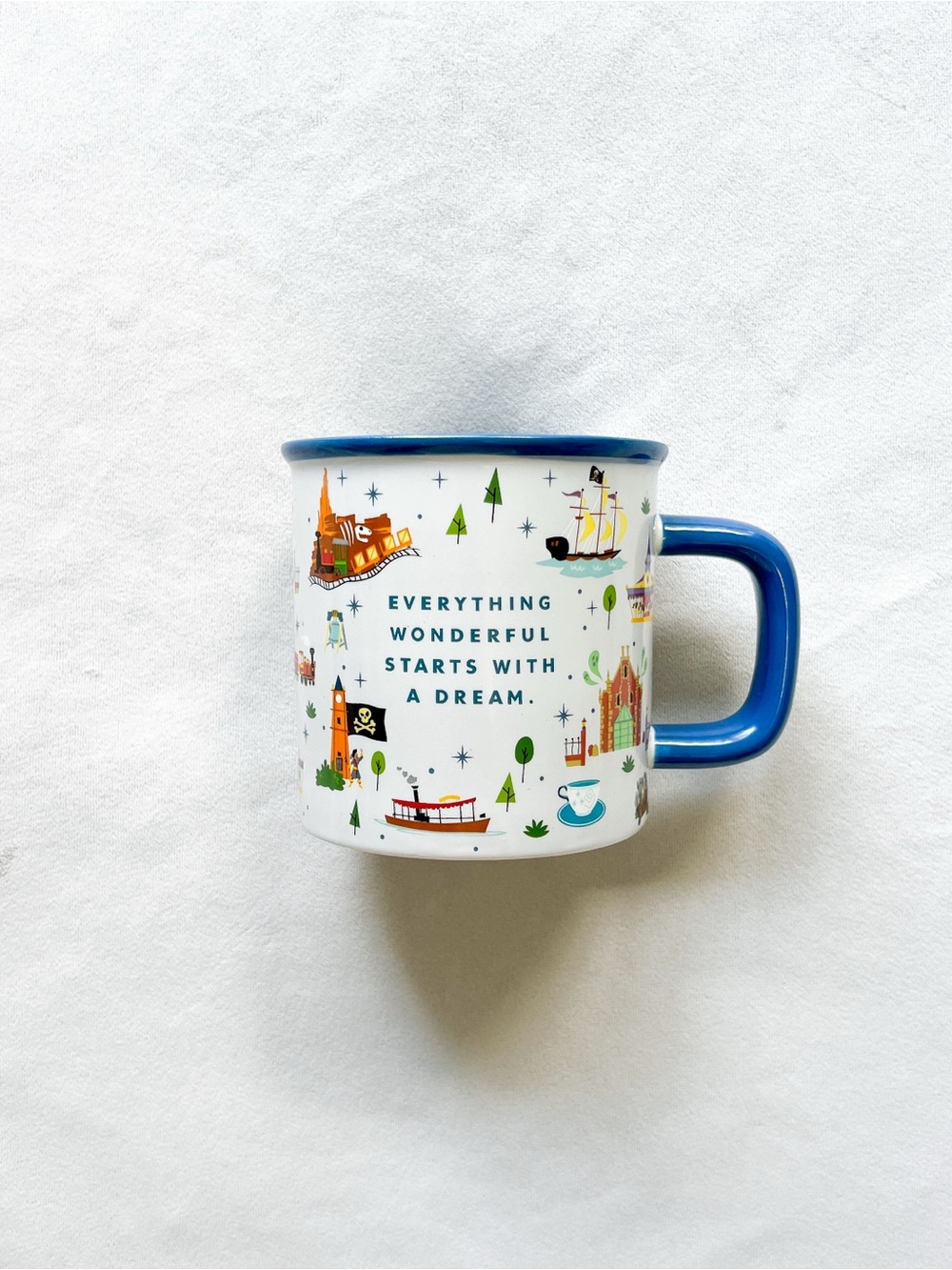 Disney White Ceramic Mug with Blue Handle and Ride Illustrations